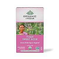 Organic India Tulsi Sweet Rose Herbal Tea - Holy Basil, Stress Relieving & Magical, Immune Support, Adaptogen, Vegan, USDA Certified Organic, Non-GMO, Caffeine-Free - 18 Infusion Bags, 1 Pack