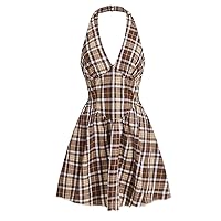 Plaid Print Halter Dress Without Top (Color : Multicolor, Size : Small)