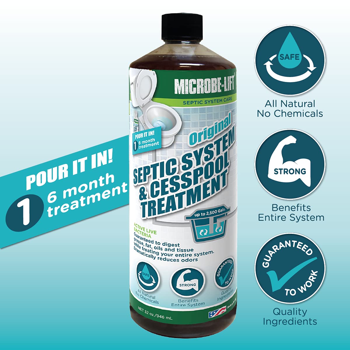 MICROBE-LIFT Septic Tank and Cesspool Treatment Enzymes - 6 Month Supply - Bacteria Digests Grease, Fats, Oils and Tissue, 32oz