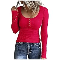 Gradient Tshirts Shirts for Women Ribbed Slim Fit Henley Shirt Long Sleeve Scoop Neck Button Tops Daily Outfits