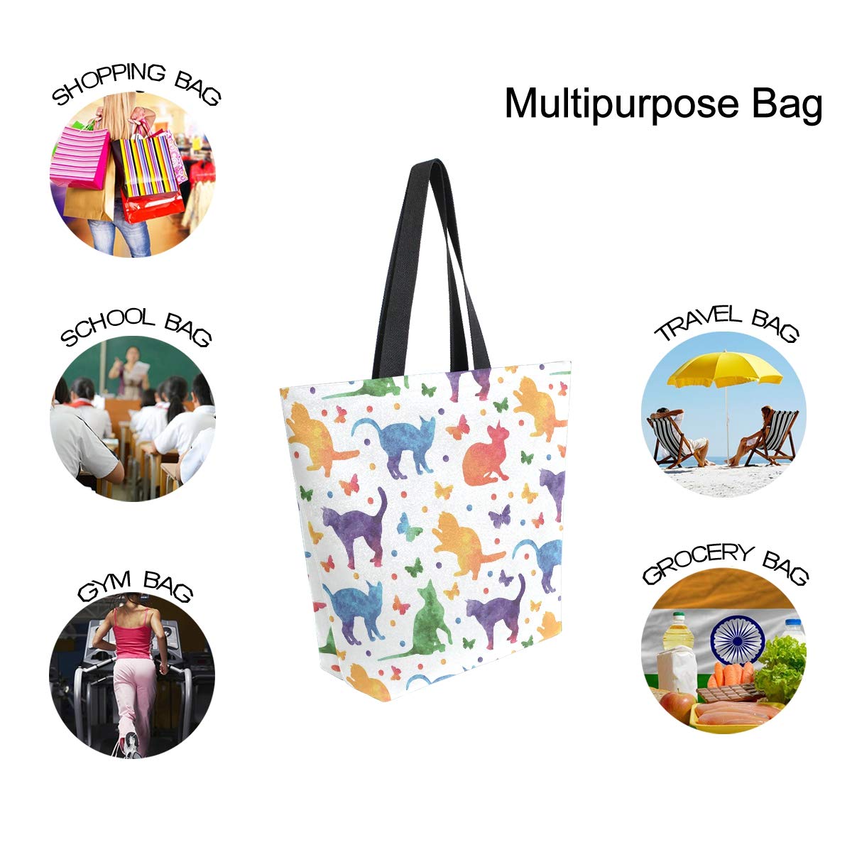 ALAZA Large Canvas Tote Bag Rainbow Cute Cat Butterflies Polka Dot Shopping Shoulder Handbag with Small Zippered Pocket