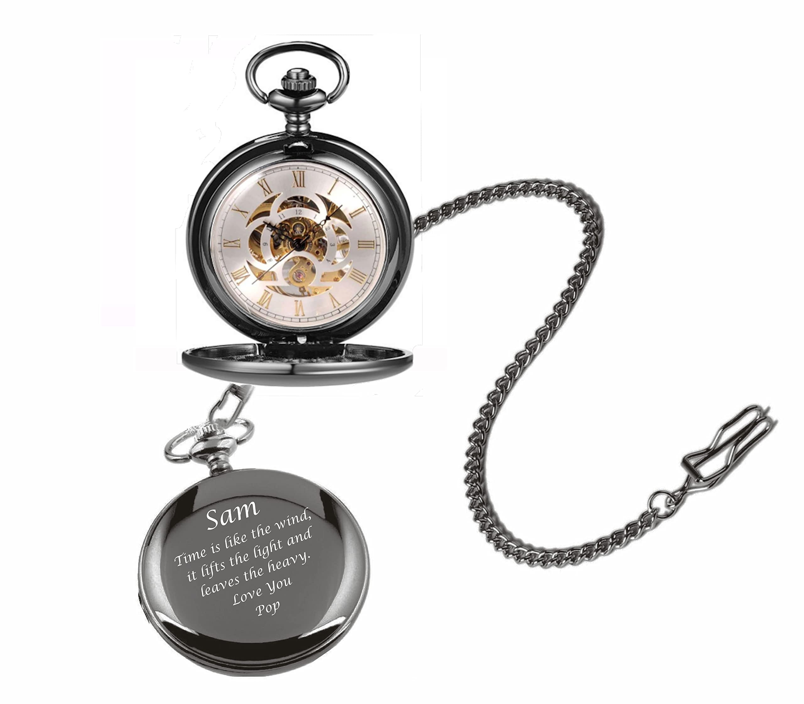 Personalized Antique Mechanical Movement Gunmetal Pocket Watch Custom Engraved Free with Gift Box - Ships from USA, PW51