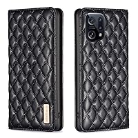 Case for Oppo Find X5,Rhombus Lambskin Pattern Premium Leather Wallet Kickstand Flip Case Magnetic Closure Cover Black