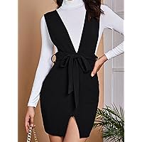 Summer Dresses for Women 2022 Split Hem Belted Overall Dress Without Tee Dresses for Women (Color : Black, Size : Small)