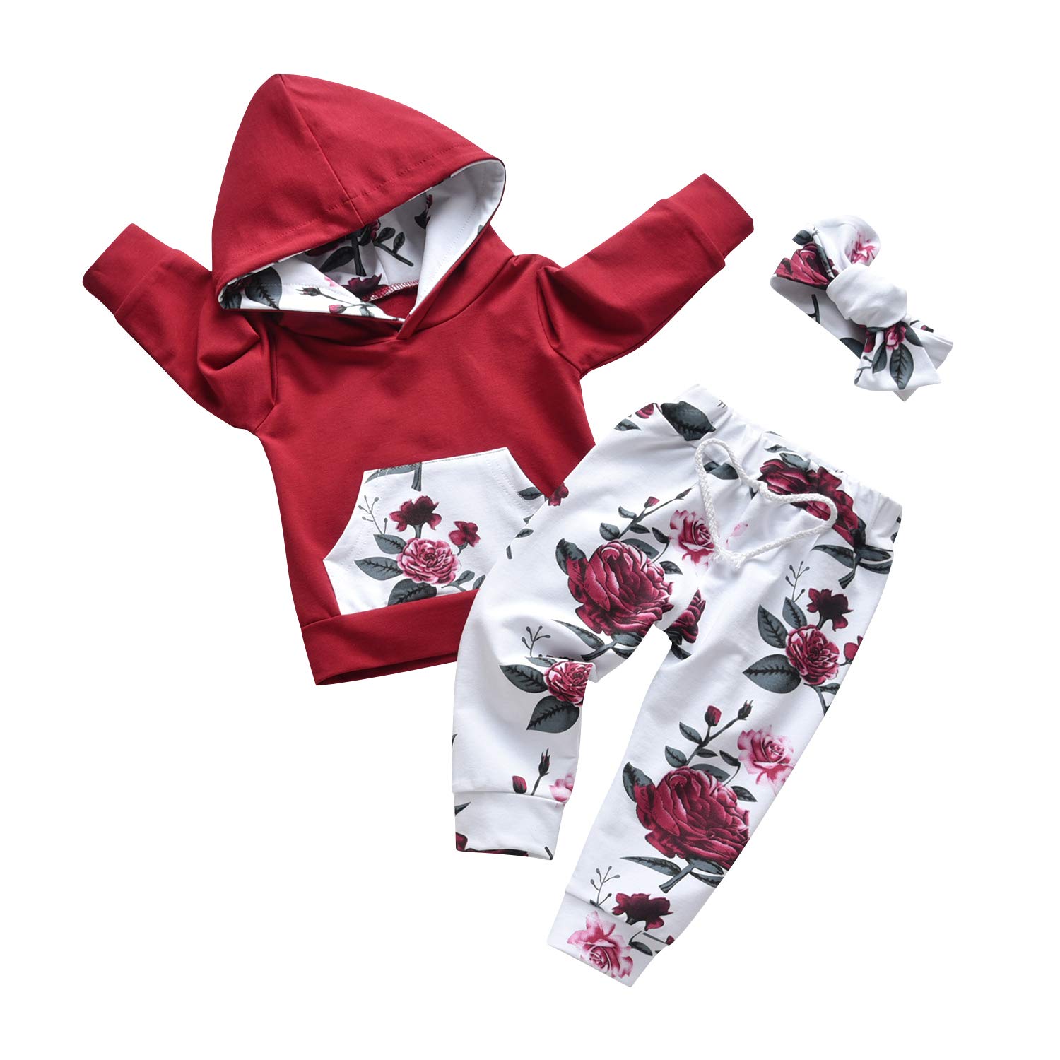 Baby Girl Clothes Long Sleeve Floral Hoodie Sweatshirt Pants with Pocket Headband Outfit Sets
