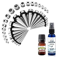 BodyJ4You 38PC Gauges Kit Ear Stretching Aftercare Jojoba Oil Saline Spray | Single Flare Tunnel Plugs Expander Tapers | Multicolor Surgical Steel | Natural Recovery Solution Set