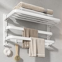 VOLDRA Towel Racks for Bathroom, 24-Inch Towel Shelf with 2 Towel Bar Foldable Towel Holder with 7 Hooks Towel Storage Organizer for Bathroom & Lavatory Wall Mounted(Matte White)