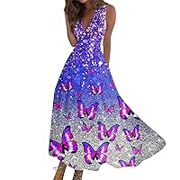 Plus Size Dresses for Curvy Women Black 2024 Casual Long Summer Sleeveless V-Neck Waist Retraction Printed Dress