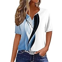 Summer T Shirts for Women V Neck Buttons Shirts Short Sleeve Dressy Blouses Geometric Print Sexy Tshirt Top Clothes