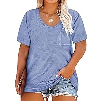 Womens Plus Size Tunic T Shirts Short Sleeve Round Neck Soft Loose Shirts Summer Casual Tops with Pocket