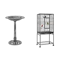 VIVOHOME 28 Inch Height Polyresin Lightweight Antique Outdoor Garden Bird Bath Gray and 54 Inch Wrought Iron Large Bird Flight Cage with Rolling Stand