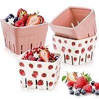 4 Pack Ceramic Berry Basket, Square Fruit Bowls, Kawaii Strawberry Kitchen Bowl Containers, Rustic Stoneware Berry Colander Bins for Veggie, Berries, Fruits, Farmhouse Home Decor