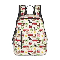 BREAUX Basset Hound Dog Summer Bus Palm Trees Print Large-Capacity Backpack, Simple And Lightweight Casual Backpack, Travel Backpacks