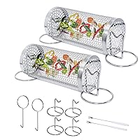 Rolling Grill Basket BBQ Accessory- Stainless Steel Grilling Net Tube for Outdoor Activities(camping, picnics, parties). Perfect Picnics Accessories and Gift for Man & Dad (Updated 2PCS M with stands)