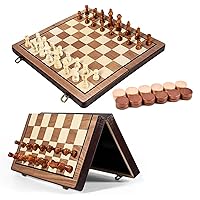 15'' Chess Sets Wooden Chess Board with Magnetic Pieces-2 Extra Queens-Checkers Board Game -Gift idea for Adults and Kids