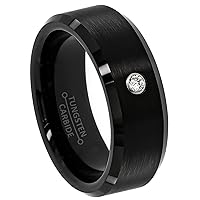 0.07ct Men's Diamond Tungsten Carbide Ring 8mm Comfort Fit Beveled Black Tungsten Ring Anniversary Band Engagement Ring