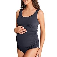 Summer Mae Ribbed Maternity One Piece Swimsuit Scalloped Cut Out Pregnancy Bathing Suit Square Neck Swimwear