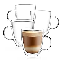 CNGLASS Large Glass Coffee Mugs 12oz,Double Walled Insulated Cappuccino Mug with Handle,Set of 4
