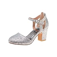 Badgley Mischka Girls Dress Shoes - Kids' Glitter Rhinestone Dress Pump Block High Heel Sandals with Ankle Strap (Black, Silver, Rose Gold)