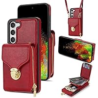 XYX Wallet Case for Samsung S23 Plus, PU Leather Zipper Handbag Purse Flip Case with Card Slots Holder Crossbody Adjustable Lanyard for Galaxy S23 Plus 5G, Red