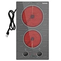 Karinear Electric Cooktop 2 Burners, 110v Portable Electric Stove Top with Knob, Glass Cooktop, Beautiful Woodgrain Pattern, Built-in and Countertop Electric Ceramic Cooktop, 12 Inch, 110v Outlet Plug