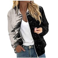 Bomber Jacket for Women Zip Up Outerwear Print Long Sleeve Casual Dressy Tops Fall Slim Jacket