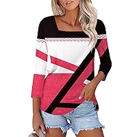 3/4 Sleeve T Shirts for Women Square Neck Geometry Printed Blouse Fashion Plus Sized Tunic Tops Oversized Tshirts for Women 3/4 Length Sleeve Womens Tops