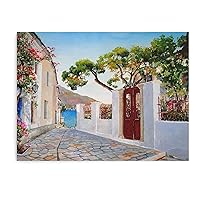 Mediterranean Street Flower Gate Wall Art Architecture Pictures Home Decor Gifts Canvas Wall Art Prints for Wall Decor Room Decor Bedroom Decor Gifts 12x16inch(30x40cm) Unframe-style