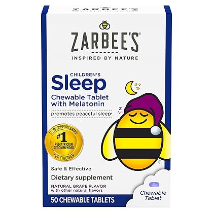 Zarbee's Kids 1mg Melatonin Chewable Tablet Drug-Free & Effective Sleep Supplement Easy to Take Natural Grape Flavor Tablets for Children Ages 3 and up 50 Count