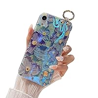 for iPhone XR Case Cute with Wrist Strap Kickstand Glitter Bling Cartoon IMD Soft TPU Shockproof Protective Cases Cover for Girls and Women - Blue&Purple Taro Flower