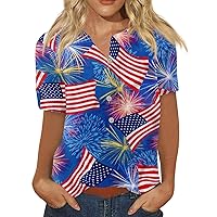 4Th of July Tops for Women 2024 Patriotic Star Stripes Vintage Button Down USA Flag Print Vneck Short Sleeve Tee Blouse