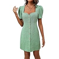 Dresses for Women 2024 Neck Puff Sleeve Button Front Dress Casual
