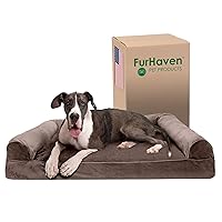Furhaven Memory Foam Dog Bed for Large Dogs w/ Removable Bolsters & Washable Cover, For Dogs Up to 125 lbs - Faux Fur & Velvet Sofa - Driftwood Brown, Jumbo Plus/XXL