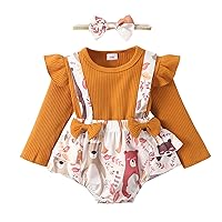 Infant Girls Long Sleeve Ribbed Tops Bodysuits Cartoon Print Bow Romper Skirt Dress Pants for Teen Girls