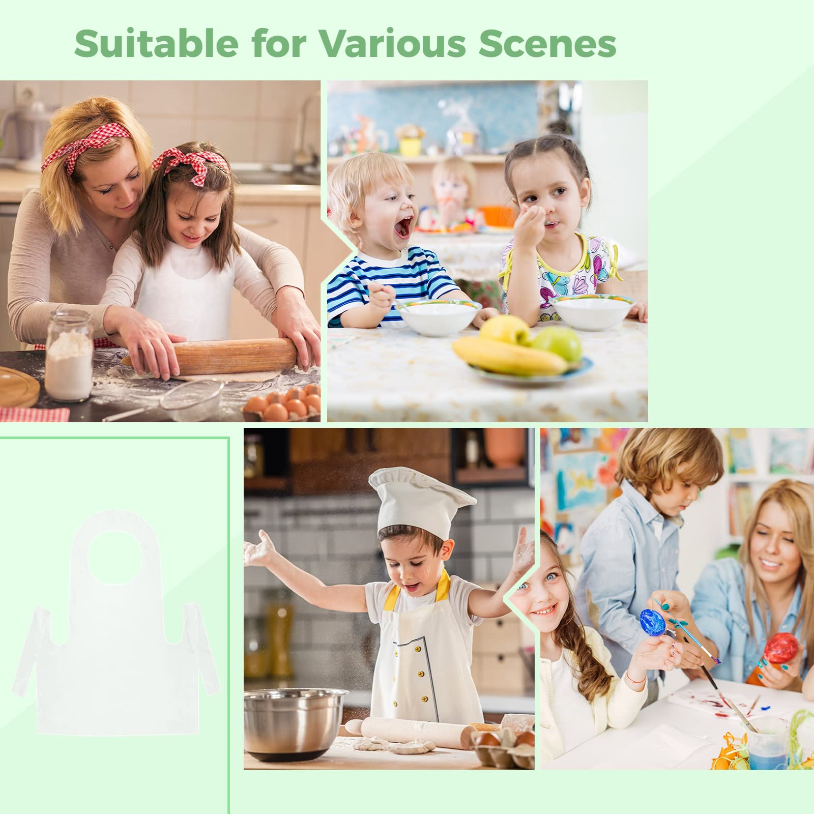 Lnrueg 100 PCS Disposable Kids Aprons, Clear Plastic Kids Aprons, Transparent Waterproof Oil-proof Aprons for Boys and Girls Aged 4 to 10, Children Aprons for Eating, Cooking, Baking, Painting