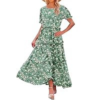 Floral Dress for Women 2024 Bohemian Casual Ruched Pretty with Bubble Sleeve Scoop Neck Flowy Dresses