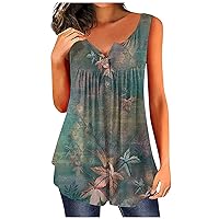 Women's Tank Top Plus Size Sleeveless Button Down Henley Shirt for Woman Pleated Printed Tanks Graphic Tee Tunic