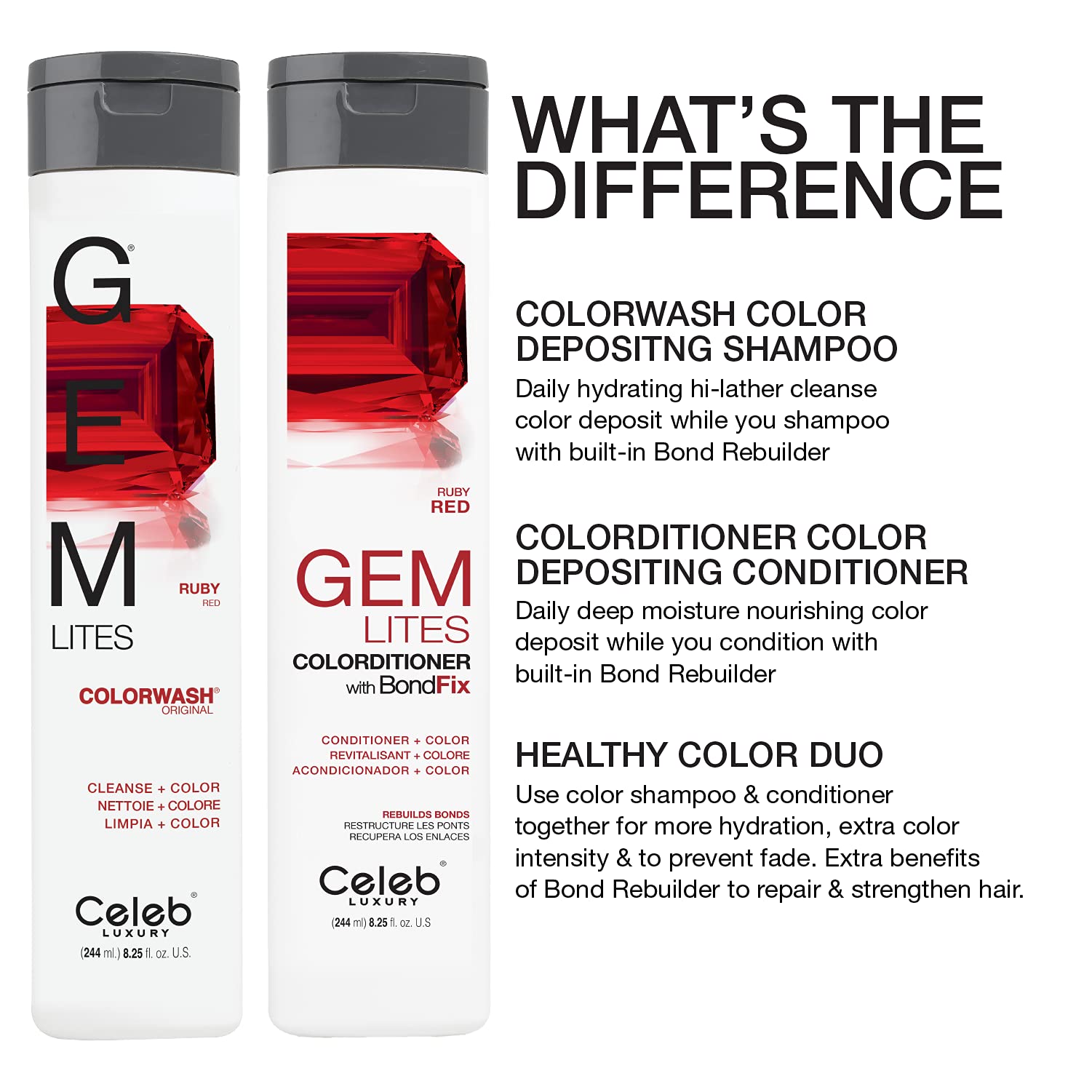 Celeb Luxury Colorwash Color Depositing Shampoo + Bondfix Bond Rebuilder, Semi Permanent Hair Color, Vegan Hair Dye, Viral and Gem Lites