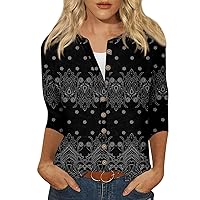 Prime Shopping Online, Lightweight Cardigans for Women Summer Trendy Floral Printed Button Down Shirt 3/4 Sleeve Fall Fashion Plus Size Tops Dressy Casual Blouses Comfy Clothes(H Black,XX-Large)
