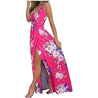 Women's V-Neck Trendy Swing Sleeveless Long Dress Casual Summer Foral Print Hawai Flowy Side Split Beach Dress Pink