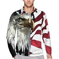 East Eagle on The American Flag Men's Polo Shirt Zippered Golf T-Shirt Long Sleeve Top Casual Pullover