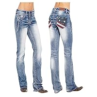 Mid Rise Boot Cut Jeans for Womens Stretchy Slim Wide Leg Denim Pants Casual Luscious Curvy American Flag Jean