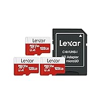 Lexar E-Series 128GB Micro SD Card 3 Pack, microSDXC UHS-I Flash Memory Card with Adapter, 100MB/s, C10, U3, A1, V30, Full HD, 4K UHD, High Speed TF Card