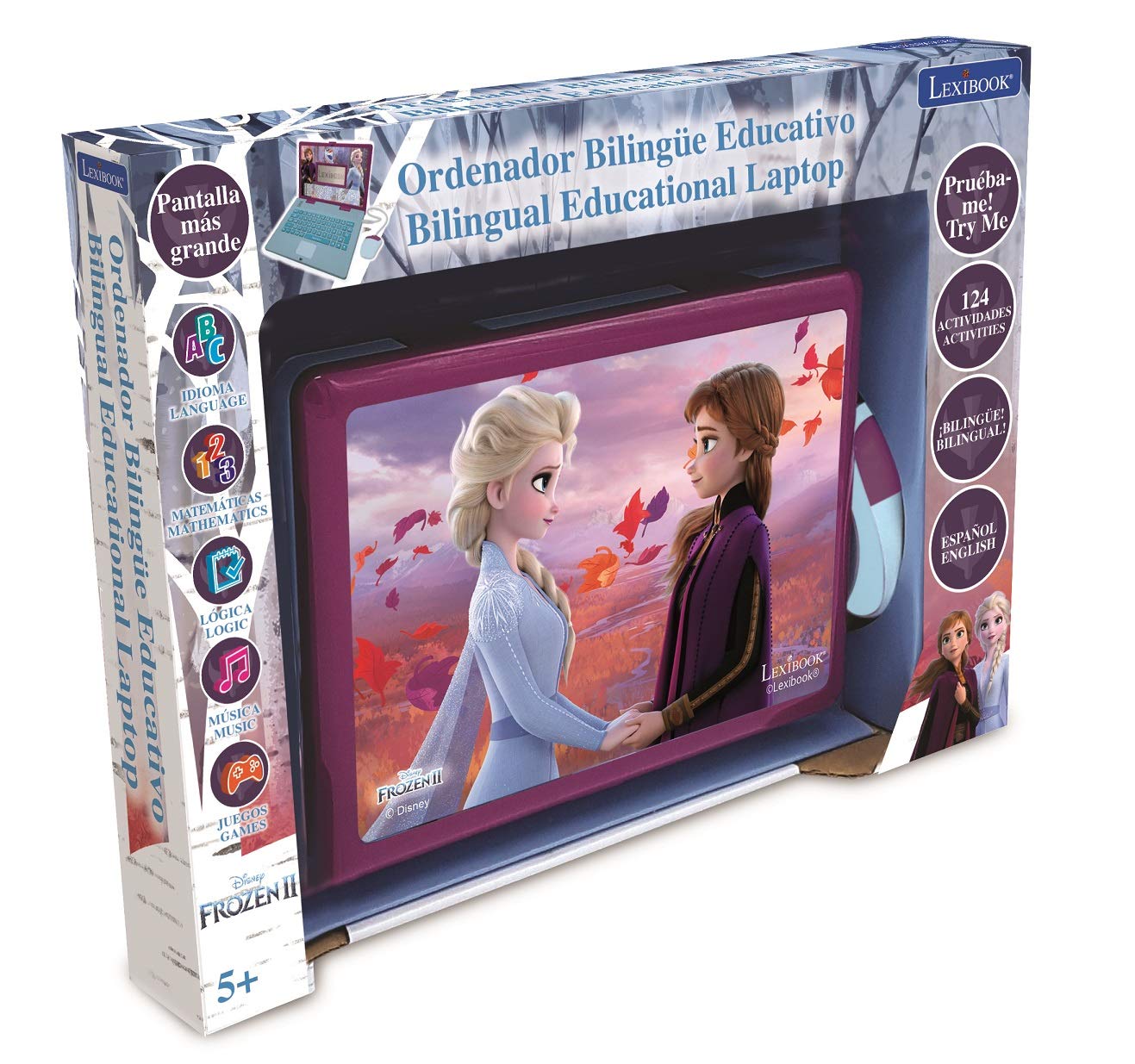 LEXiBOOK Disney Frozen 2 - Educational and Bilingual Laptop Spanish/English - Girls Toy with 124 Activities to Learn, Play Games and Music with Elsa & Anna - Blue/Purple, JC598FZi2