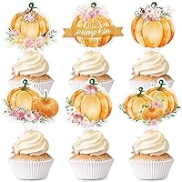 36 Pcs Little Pumpkin Cupcake Toppers Fall Baby Shower Decorations Floral Pumpkin Cupcake Decor for Thanksgiving Fall Baby Shower Gender Reveal Girls' Birthday Party Decoration