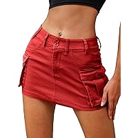 ELLEVEN High Stretchy Cargo Skirt for Women, Low Waist Y2k Mini Skirt Cute Denim Skirt with Pockets