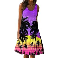 Summer Dresses for Women 2024 Printed Sleeveless Beach Dress Pleated Swing Dress Vacation Casual Trendy Dresses