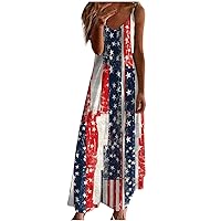 Women's 2024 Maxi Dress Stars Stripes USA Flag Beach Summer Sleeveless V Neck High Waist Backless Flowy Sundress