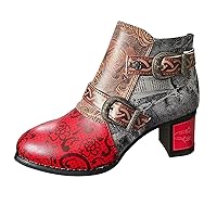 Boots for Women Vintage Printed Round Toe Zipper High Heel Short Naked Boots Shoes Cowgirl Boots Western Botines