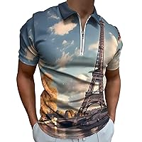Paris Eiffel Tower Men's Zippered Polo Shirts Short Sleeve Golf T-Shirt Regular Fit Casual Tees